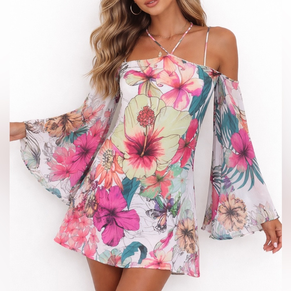 Adriana‎ Barra Tropical Floral Chiffon Mini Dress Bell Sleeve Strappy Size 38
